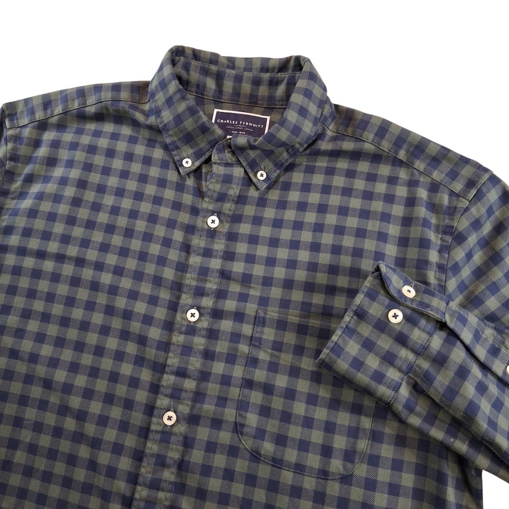 Charles Tyrwhitt Flannel Shirt Mens‎ Large Blue Green Gingham Slim Fit Non-Iron